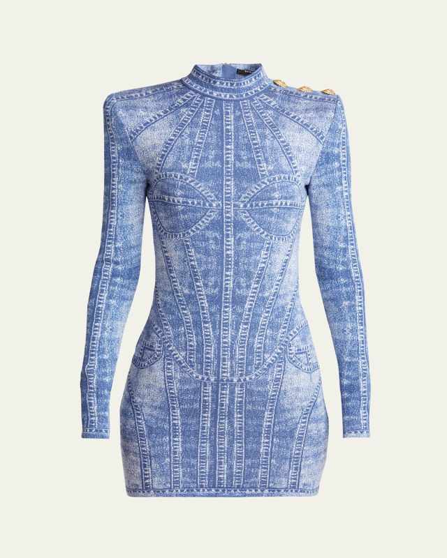 Denim Trompe Loeil Buttoned Shoulder Mini Dress